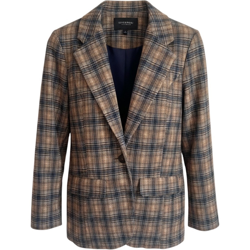 Liverpool Los Angeles Womens Brown Plaid Knit Single Button Blazer Jacket Small